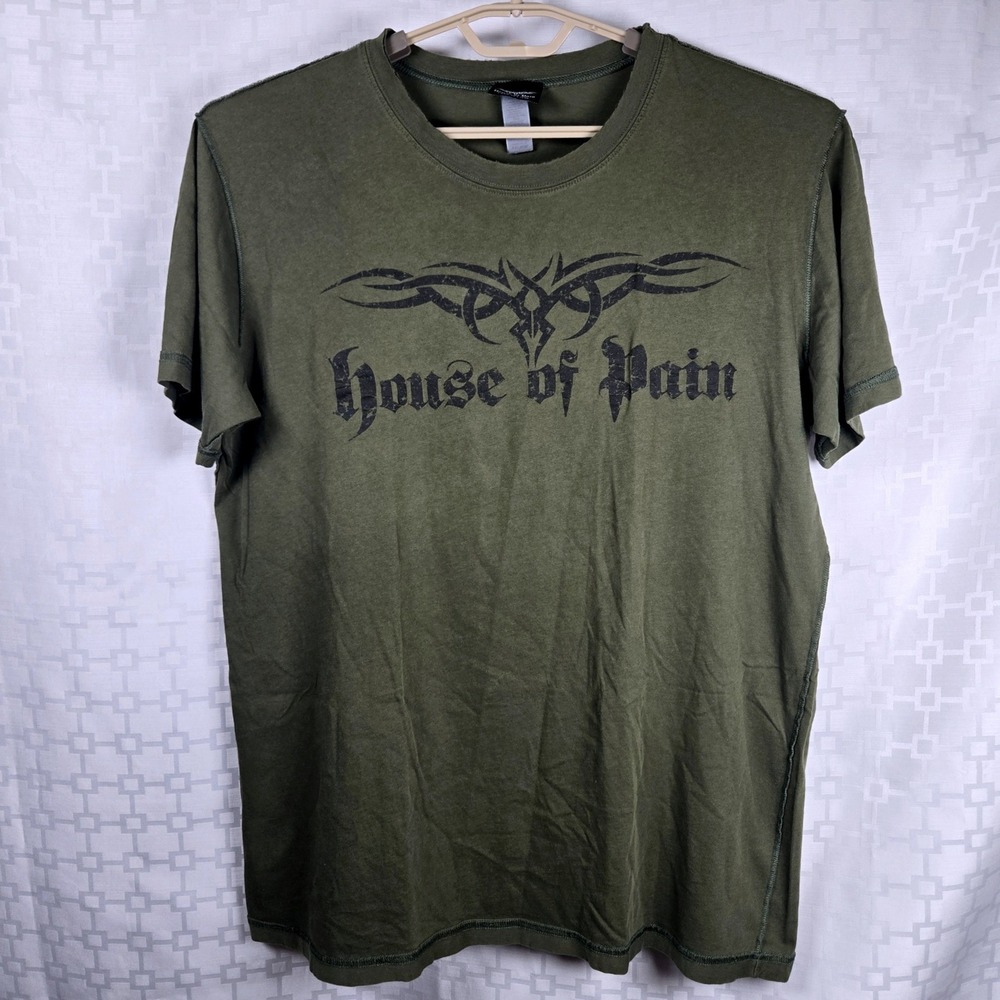 House of Pain Mens Graphic T-Shirt Olive Green‎ Tribal Gothic Logo Streetwear XL